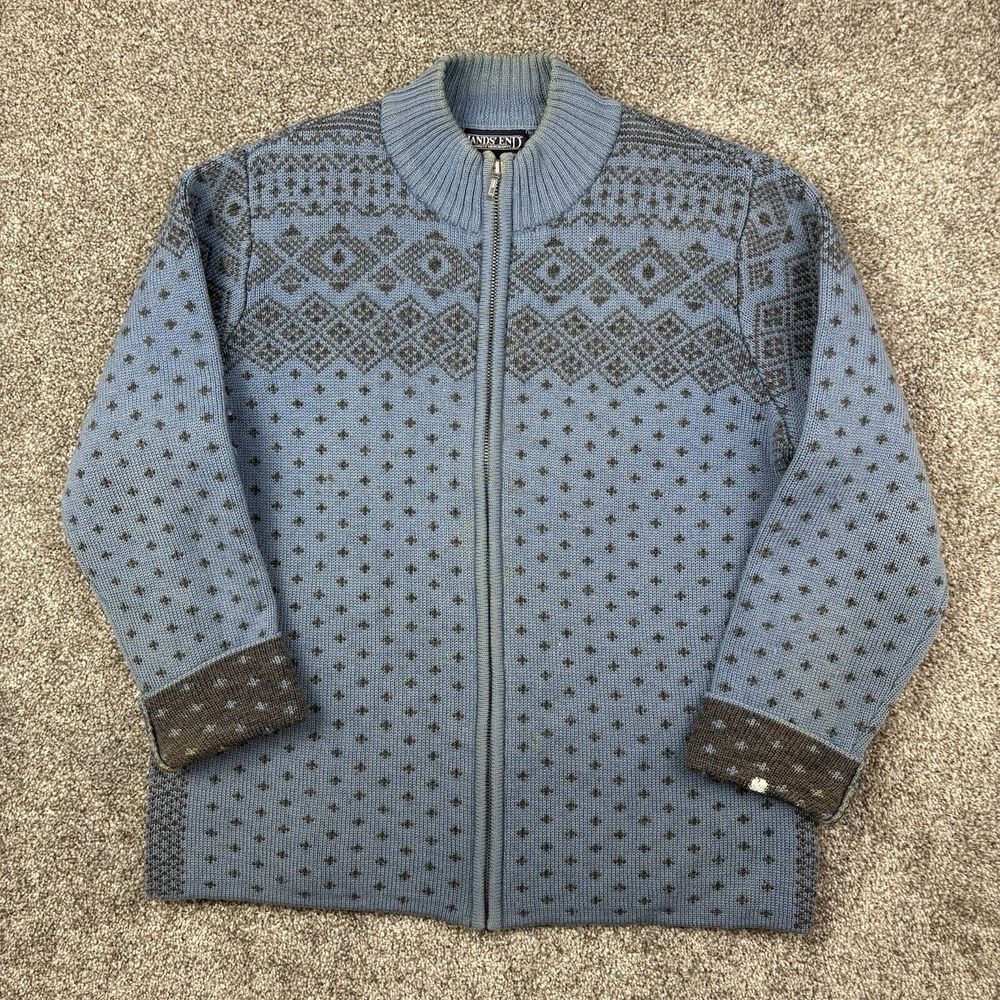 Lands End Cardigan Sweater Women's Medium Blue Full Zip Nordic Fair Isle Wool